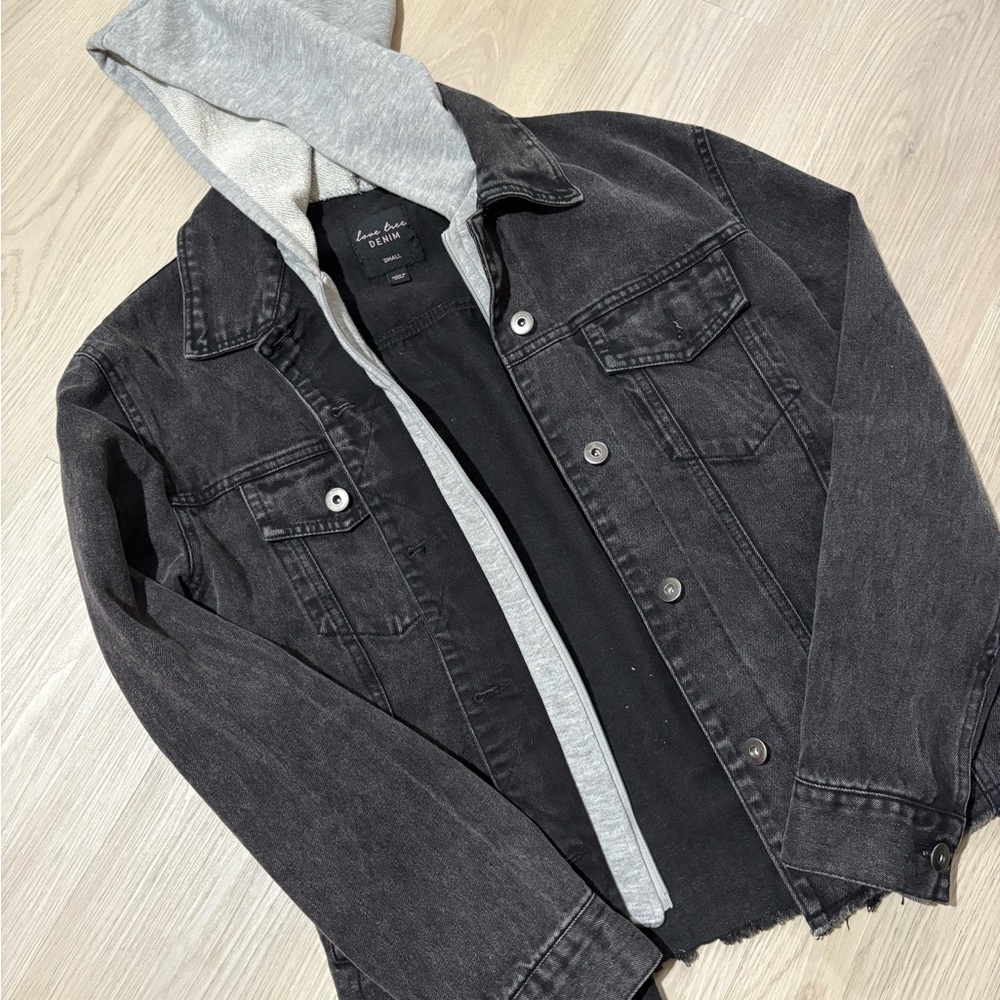 Black Distressed Denim Jacket with Light Gray Hood